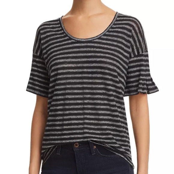 Joie Adaira Striped Linen Ruffle Sleeve Tee in Caviar and Porcelain Size XL - Picture 3 of 10